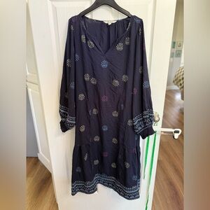 Women's 1x (16-18) Pioneer Woman Embroidered Smocked Sleeve Midi Tie Dress Blue